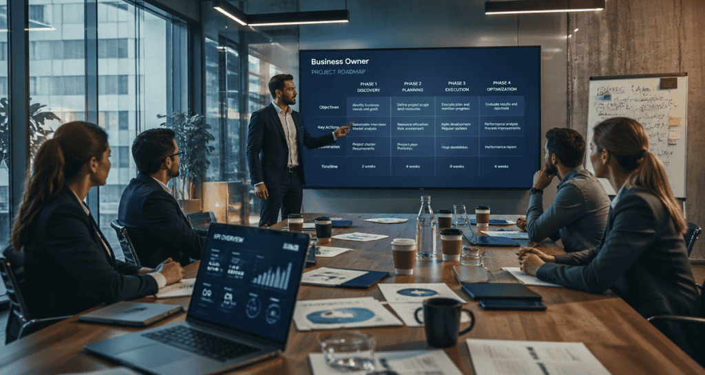 business owner présentant une roadmap projet en salle de réunion