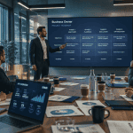business owner présentant une roadmap projet en salle de réunion