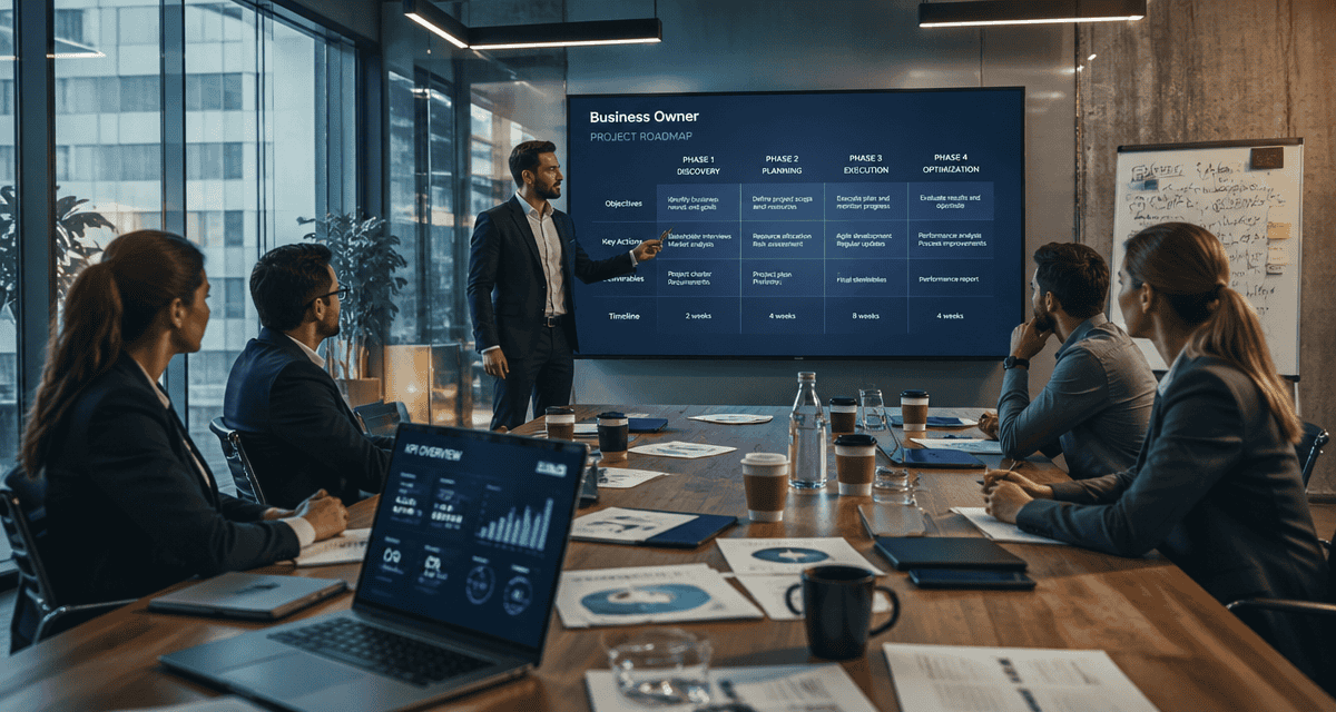 business owner présentant une roadmap projet en salle de réunion