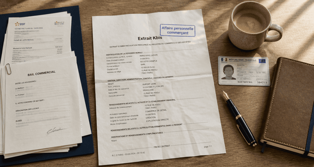 Affaire personnelle commerçant, Kbis et documents sur bureau