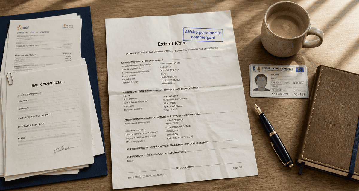 Affaire personnelle commerçant, Kbis et documents sur bureau