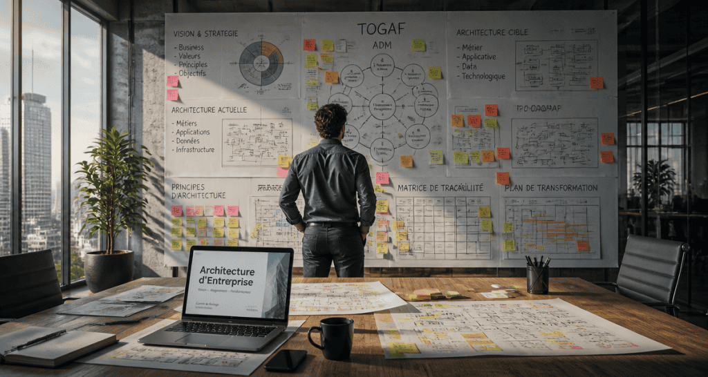 architecte d'entreprise devant mur de schémas TOGAF