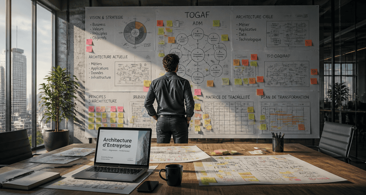 architecte d'entreprise devant mur de schémas TOGAF