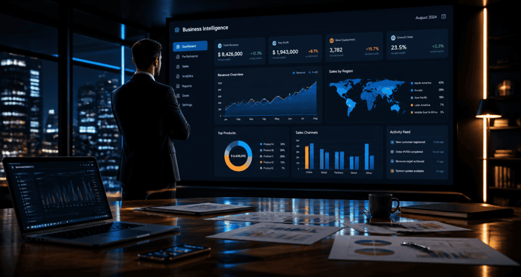 business intelligence business intelligence business intelligence dirigeant devant tableau de bord