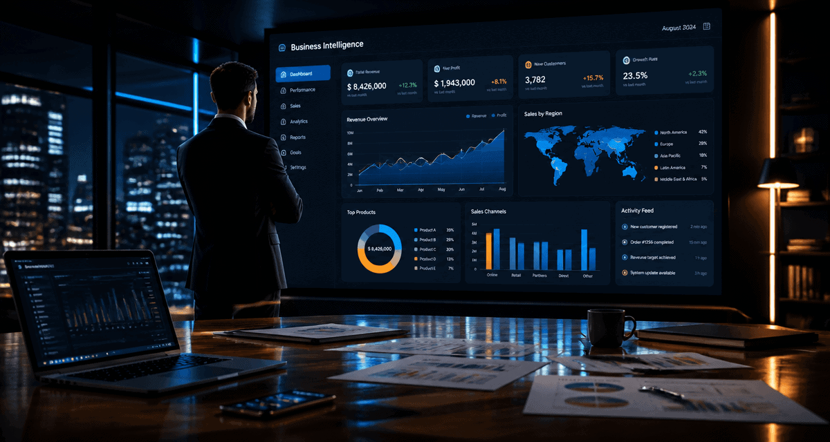business intelligence business intelligence business intelligence dirigeant devant tableau de bord