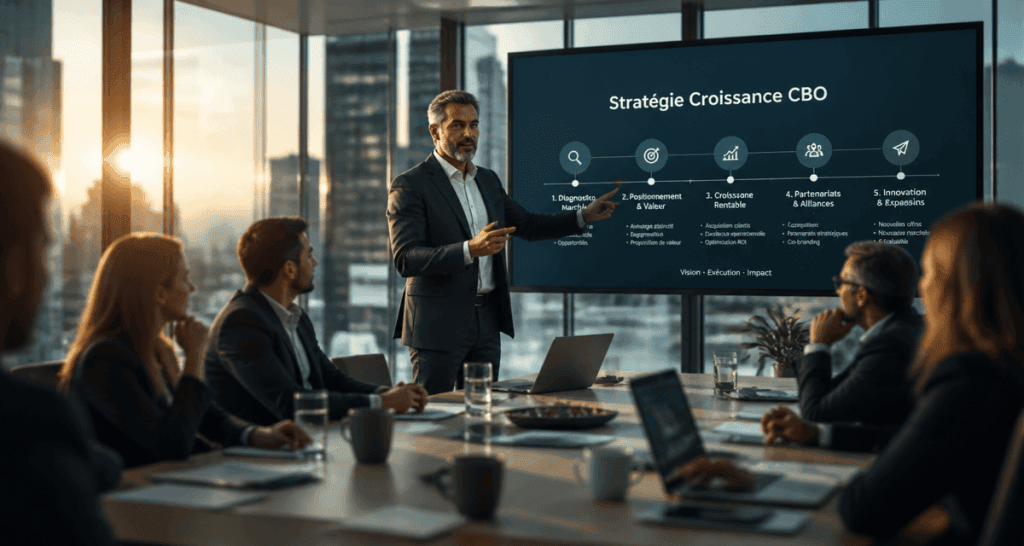 Chief business officer présentant stratégie en réunion