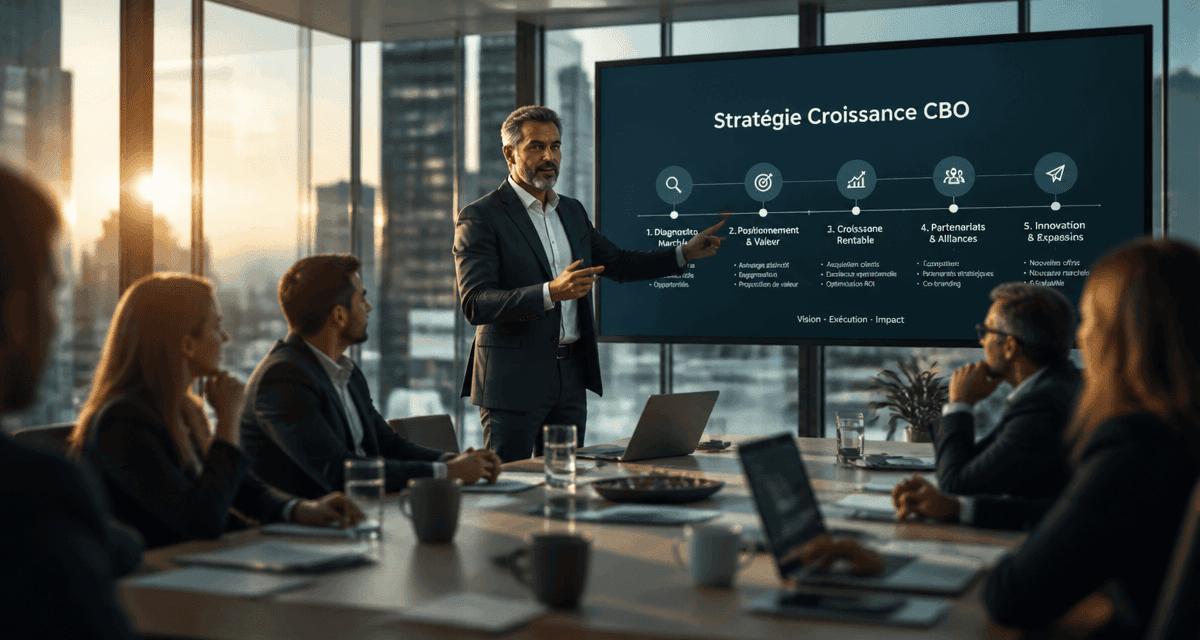 Chief business officer présentant stratégie en réunion