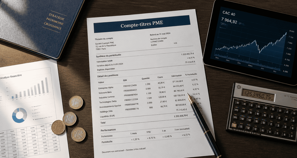 Vue d’un bureau avec compte titre entreprise et documents financiers