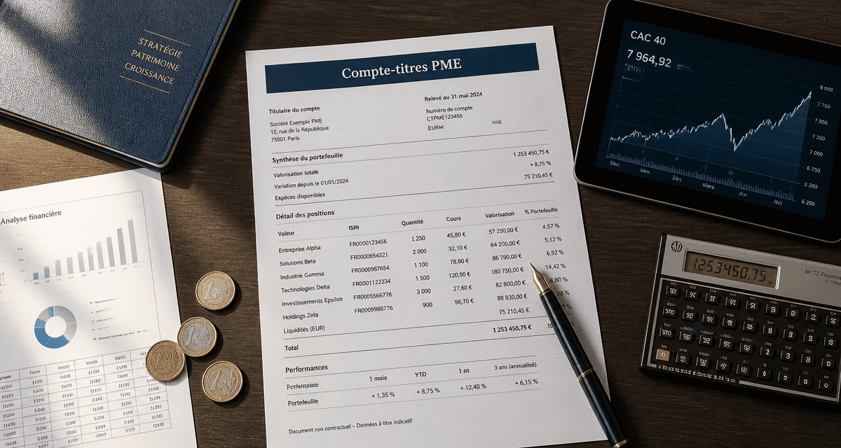 Vue d’un bureau avec compte titre entreprise et documents financiers