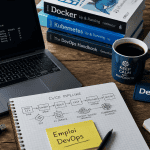 bureau tech emploi devops avec ordinateur et carnet