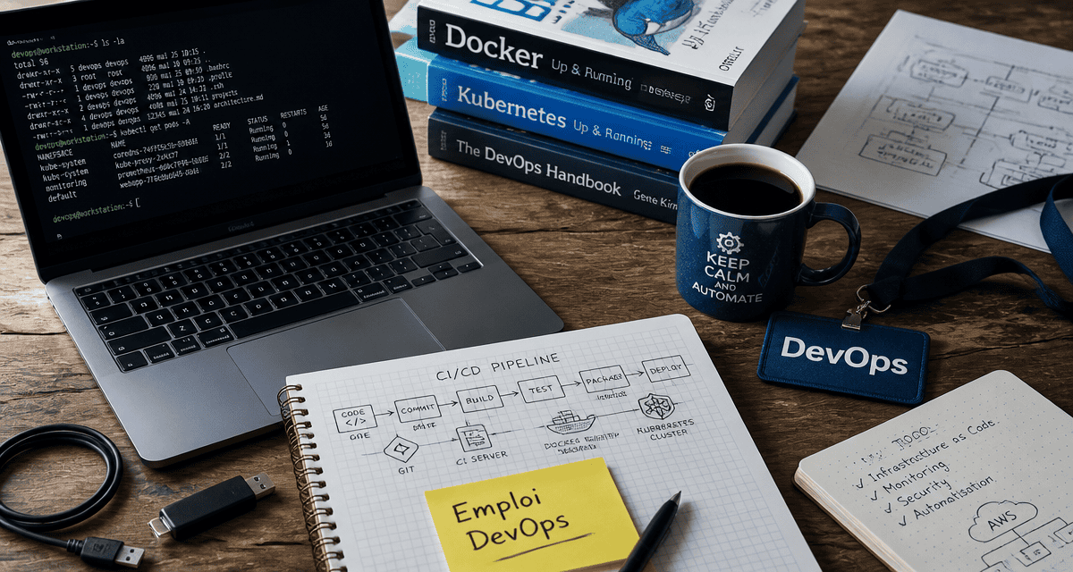 bureau tech emploi devops avec ordinateur et carnet