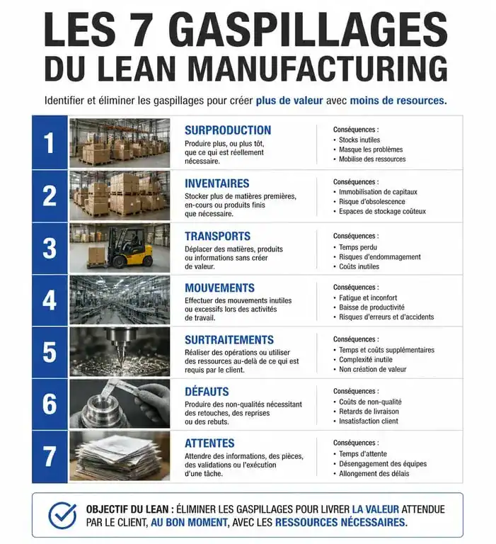Infographie des 7 gaspillages du Lean Manufacturing