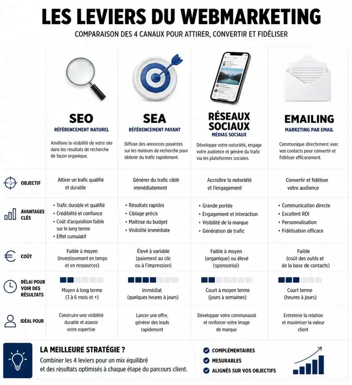 Infographie comparative des leviers webmarketing : SEO, SEA, réseaux sociaux et emailing pour une stratégie digitale efficace.