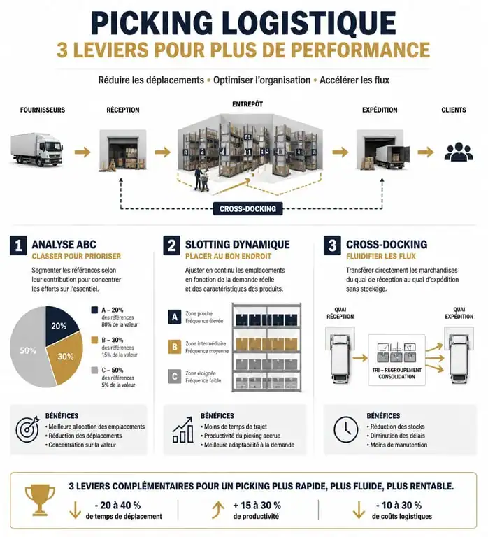 Infographie sur les stratégies d'optimisation du picking logistique en entrepôt