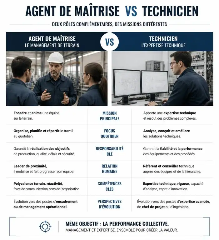 Infographie comparative entre agent de maîtrise et technicien : missions, responsabilités et compétences clés.