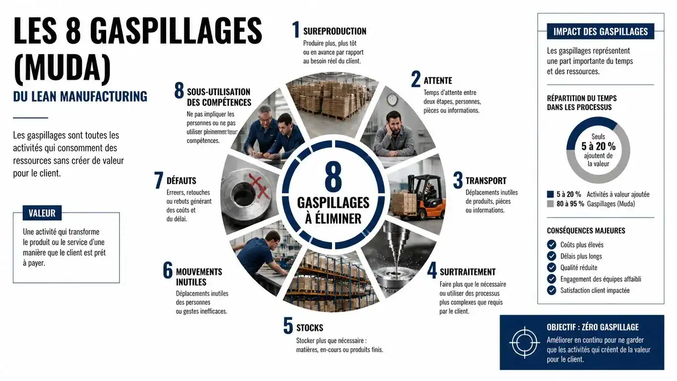 Infographie des 8 gaspillages du Lean Manufacturing en milieu industriel