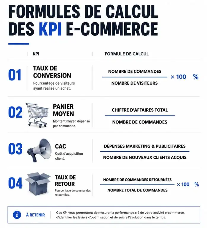 Infographie des indicateurs clés de performance KPI e-commerce et leurs formules de calcul