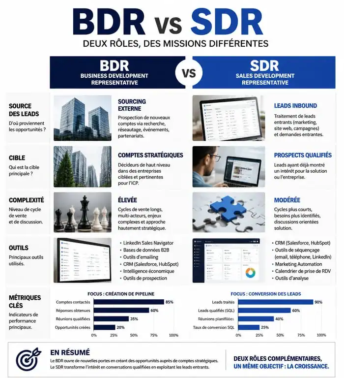 Comparatif des rôles de Business Development Representative (BDR) et Sales Development Representative (SDR) en entreprise