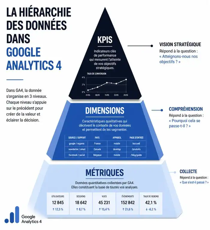 Infographie illustrant la hiérarchie des données dans Google Analytics 4 : métriques, dimensions et KPI