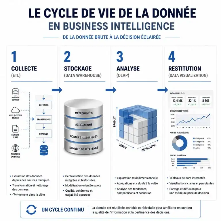 Schéma du cycle de vie de la donnée en Business Intelligence