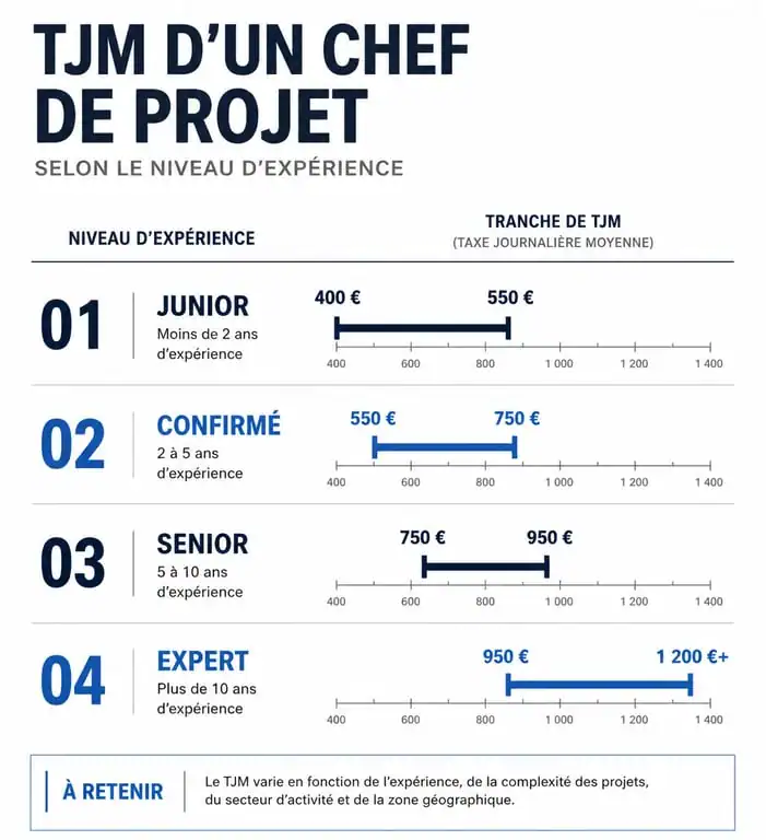 Infographie des tarifs TJM d'un chef de projet selon les années d'expérience