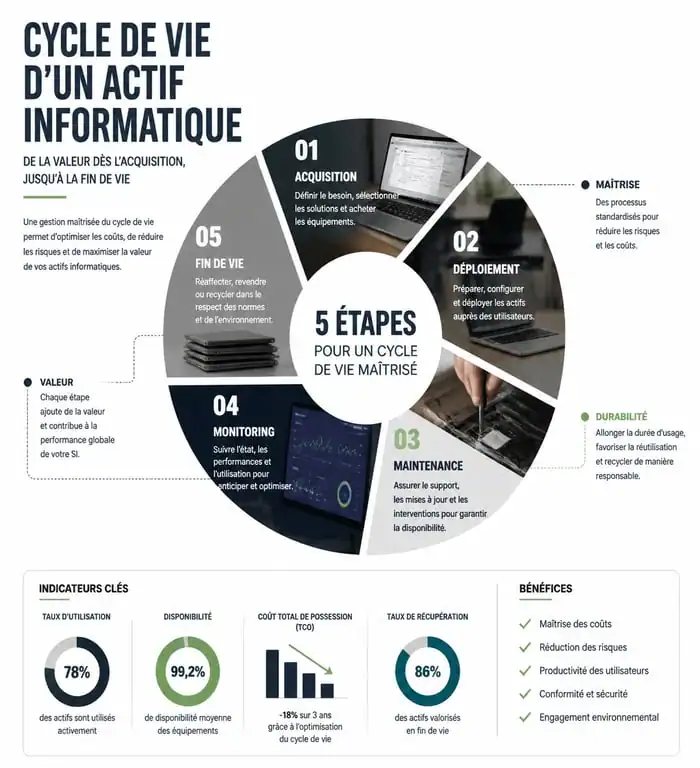 Schéma du cycle de vie d'un actif dans une solution de gestion de parc informatique