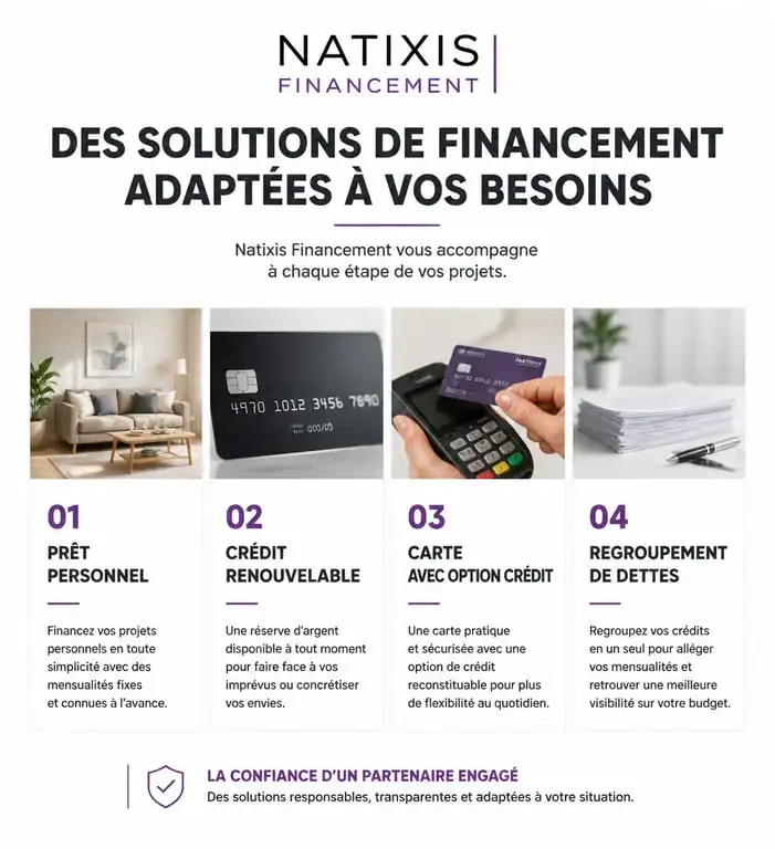 Infographie des produits financiers Natixis Financement : prêt personnel, crédit renouvelable et cartes bancaires