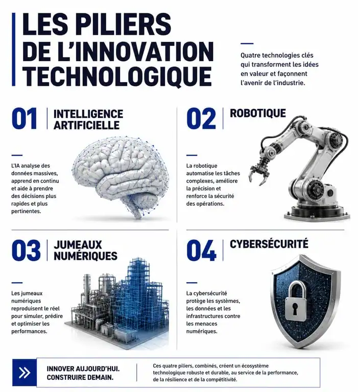 Infographie sur les piliers de l'innovation technologique et ses impacts