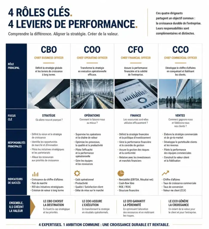 Infographie comparative des rôles de direction : Chief Business Officer, COO, CFO et CCO