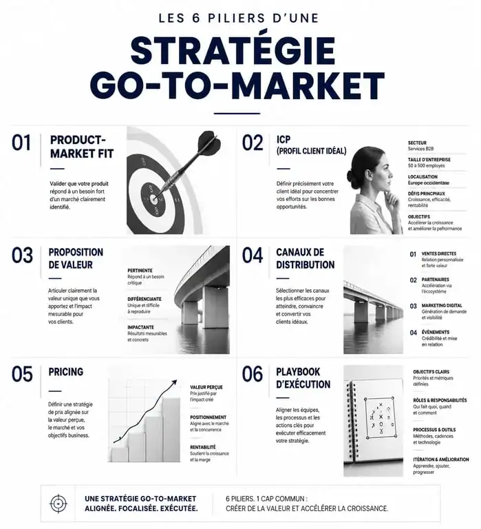 Schéma des étapes clés d'une stratégie Go-to-Market efficace
