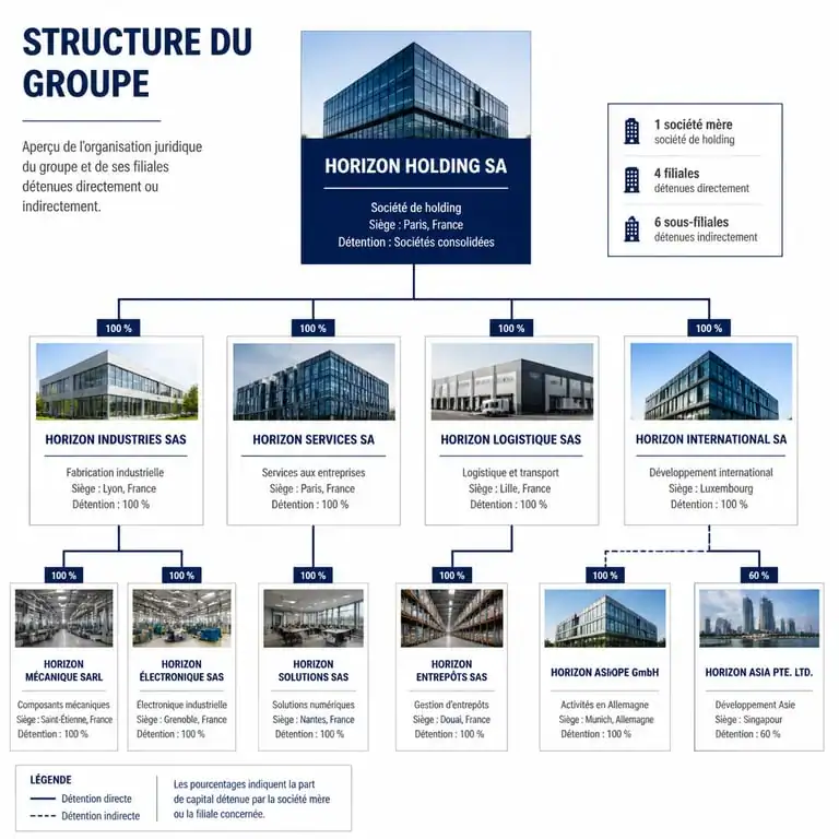 Schéma de la structure d'un groupe d'entreprises avec holding et filiales