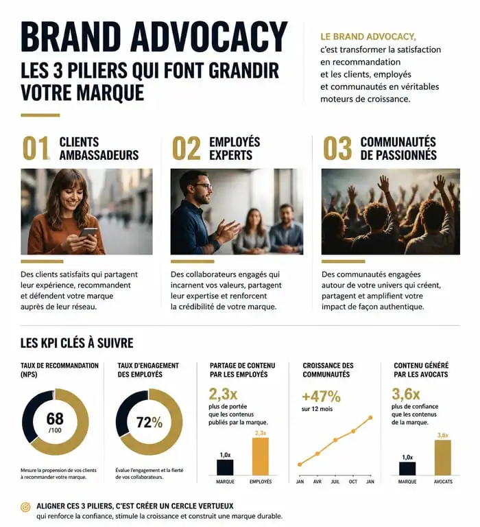 Infographie sur les piliers et indicateurs du brand advocacy pour une stratégie marketing efficace