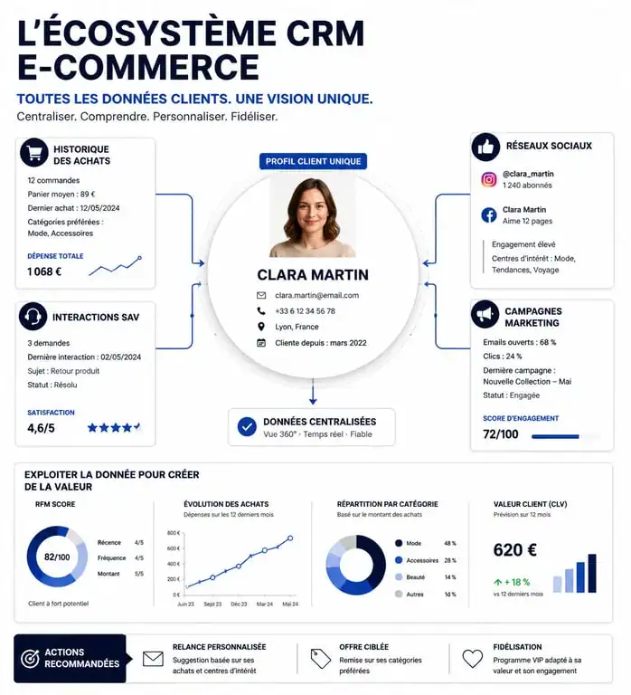 Infographie illustrant la vision 360° du client dans un CRM e-commerce