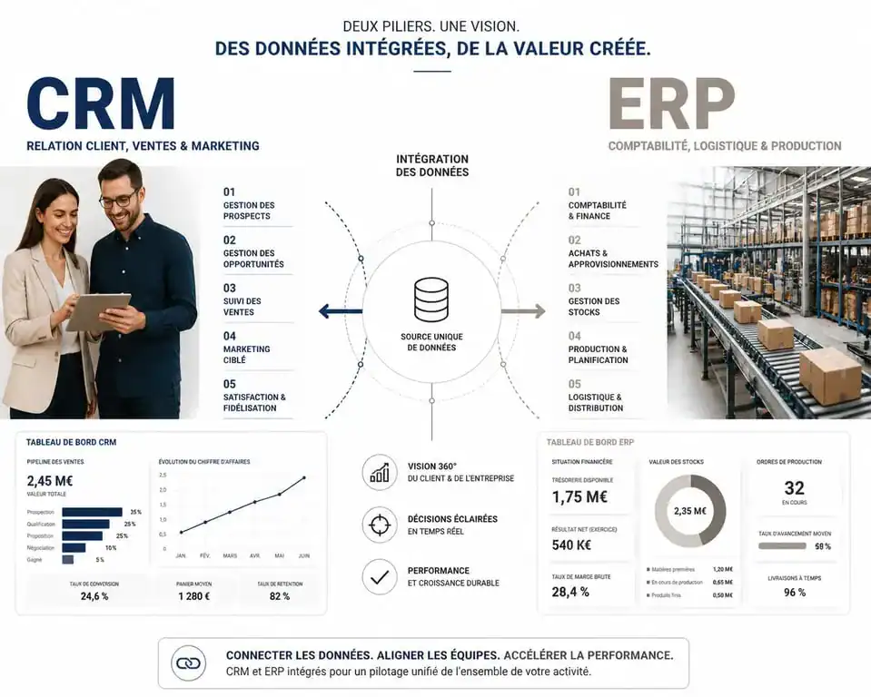 Infographie comparative illustrant les différences entre un logiciel CRM pour la relation client et un logiciel ERP pour la gestion opérationnelle