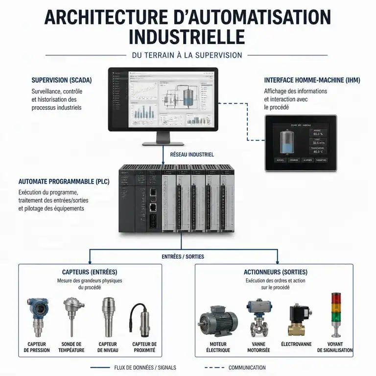 Schéma d'architecture d'automatisation industrielle avec PLC, SCADA et IHM