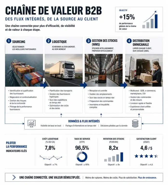 Infographie de la chaîne de valeur dans l'univers B2B : sourcing, logistique et distribution