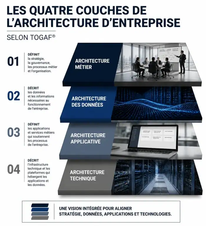 Schéma des quatre couches de l'architecture d'entreprise TOGAF
