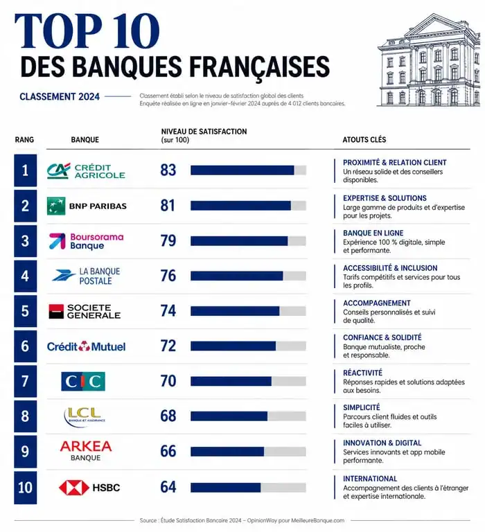 Classement des meilleures banques françaises 2024 : top 10 des établissements par satisfaction client et services.