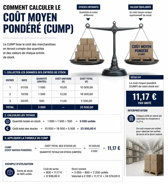 Infographie explicative du calcul du coût moyen pondéré (CUMP) pour la gestion des stocks