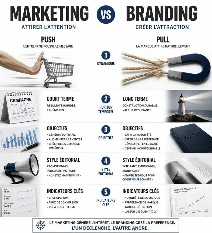 Infographie comparative marketing vs branding pour comprendre la stratégie de marque