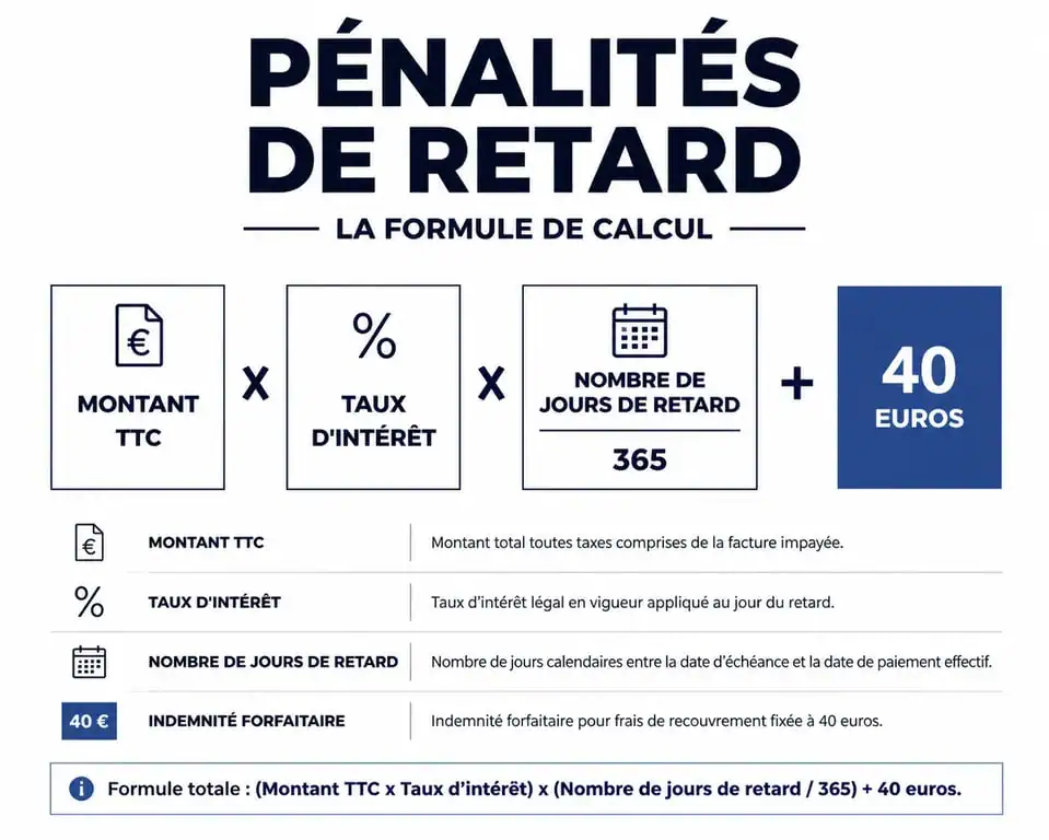 Infographie expliquant le calcul des pénalités de retard sur facture