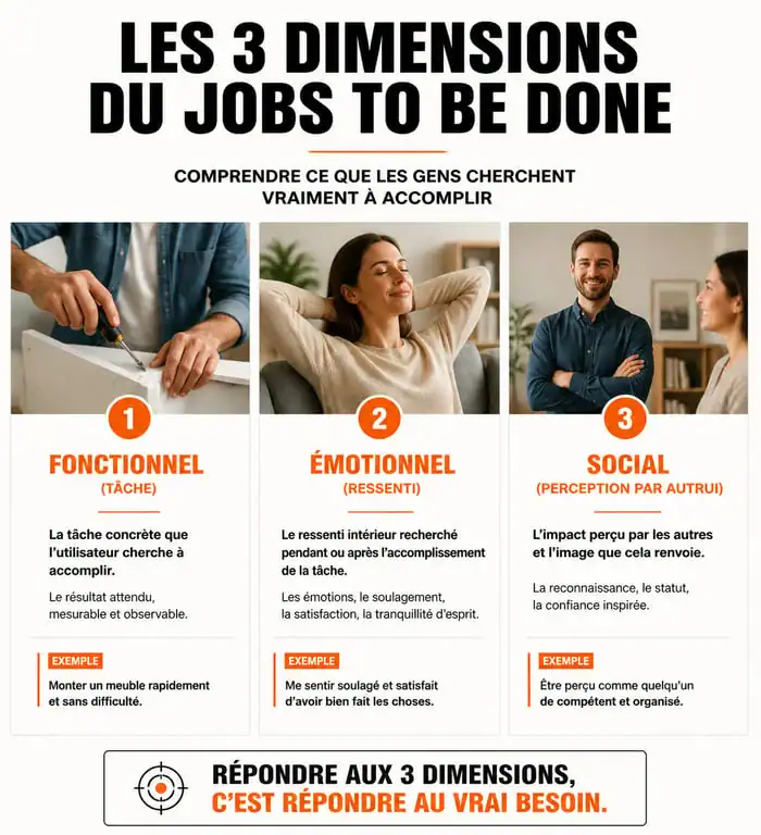 Infographie des trois dimensions du Jobs to be Done : fonctionnel, émotionnel et social