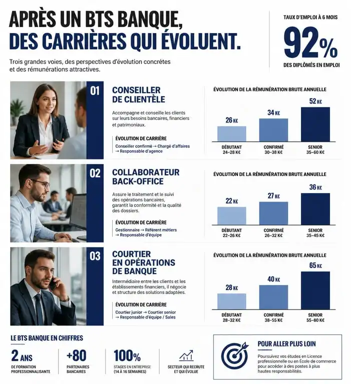 Infographie des débouchés et salaires après un BTS Banque