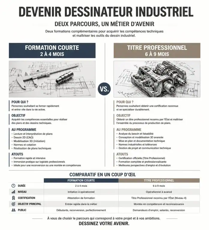 Infographie des parcours de formation dessinateur industriel : durée, public et financement
