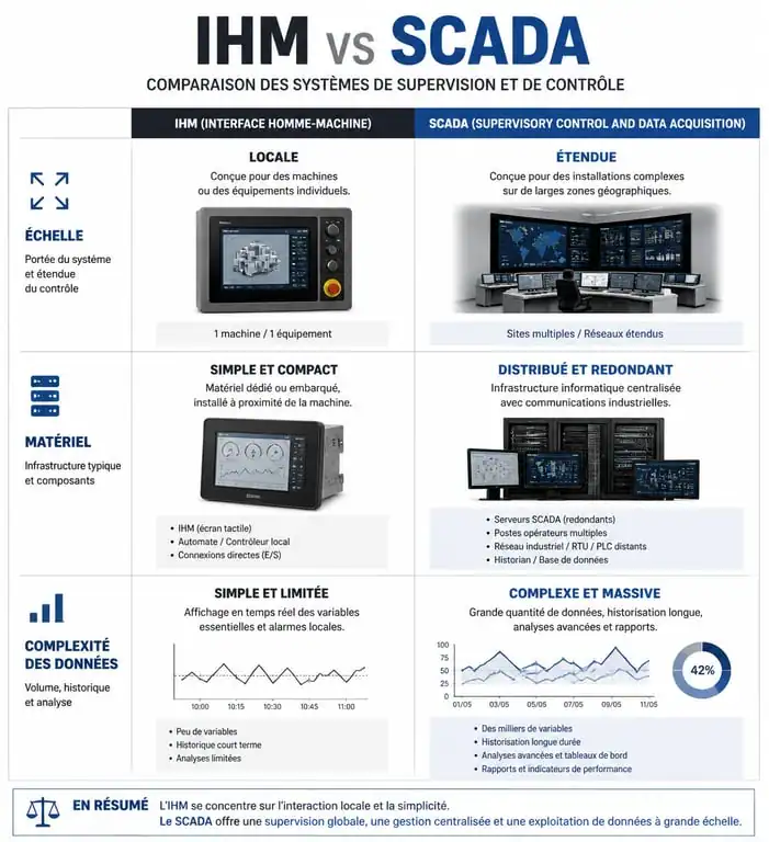 Infographie comparative entre interface homme machine IHM et système SCADA pour l'industrie