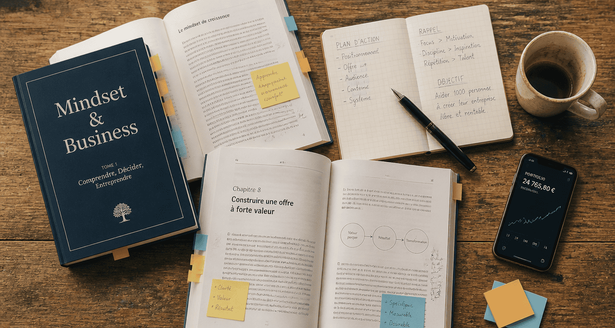 Livres entrepreneuriat livre annotés sur table