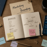 Marketing branding sur bureau moderne avec carnet et post-its