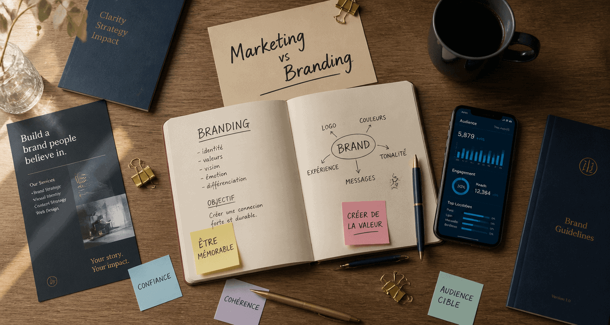 Marketing branding sur bureau moderne avec carnet et post-its