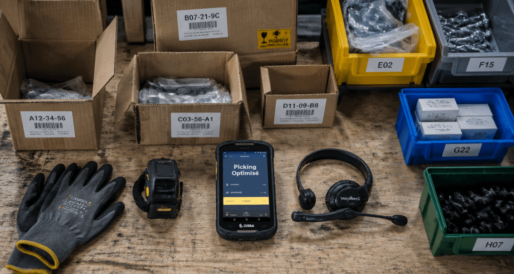 Poste picking logistique avec cartons, scanner et terminal