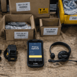 Poste picking logistique avec cartons, scanner et terminal